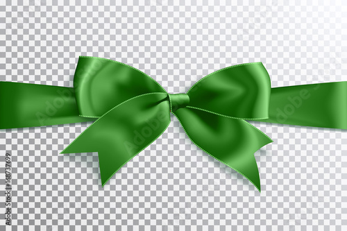 Realistic satin green bow knot on ribbon. Vector illustration icon isolated.