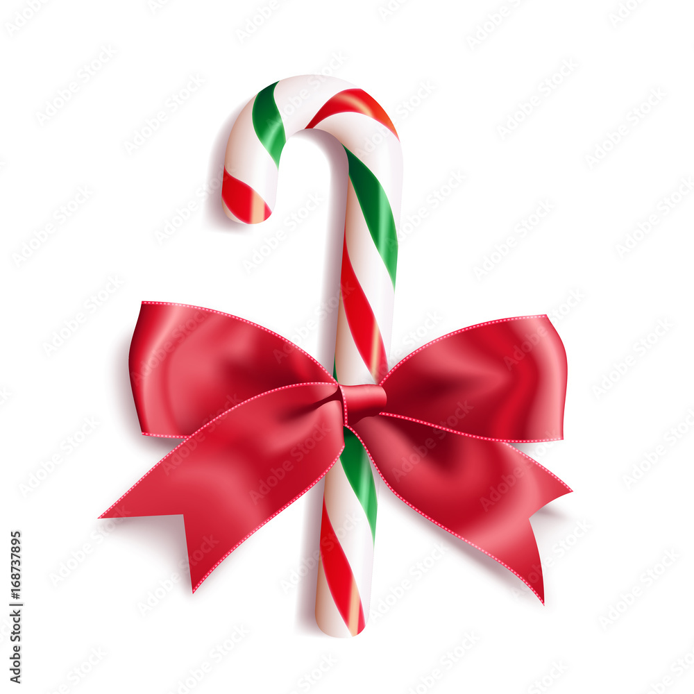 Realistic christmas candy cane with red satin bow knot. Vector illustration icon isolated on white. Realistic christmas candy cane with red satin bow knot. Vector illustration icon isolated on white.