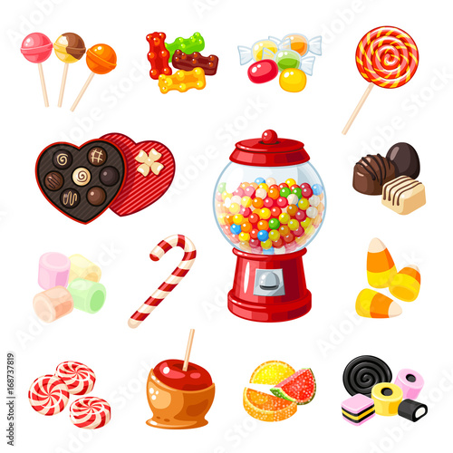 Set single cartoon candies: lollipop, candy cane, bonbon, marmalade teddy bear, licorice, candied fruit, gumball machine, candy apple, caramel. Vector illustration flat icon isolated on white.