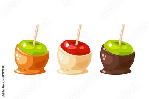 Set of candy apple coated by sweet caramel, white and dark chocolate. Vector illustration collection flat cartoon icon isolated on white.