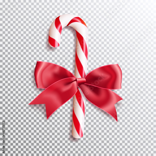 Realistic christmas candy cane with red satin bow knot. Vector illustration icon isolated.