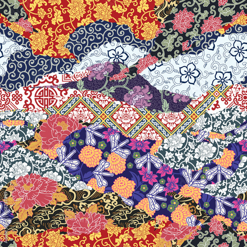 Eastern style ripped fabric patchwork  vector seamless pattern