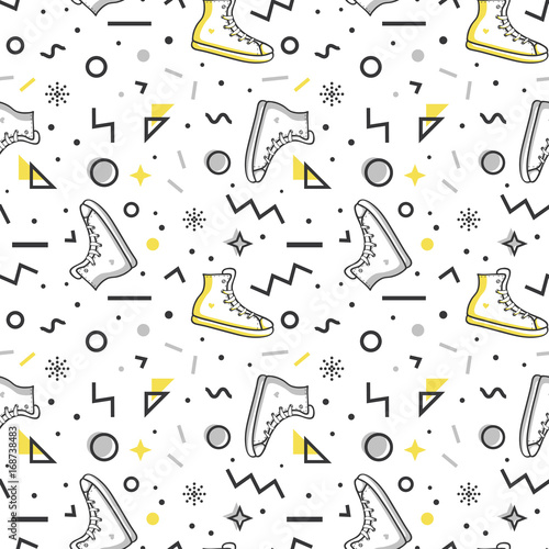 Sneakers seamless pattern in memphis style.