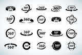 360 Degrees View Vector Icons set. Virtual reality icons. Isolated vector illustrations. Black and white version.