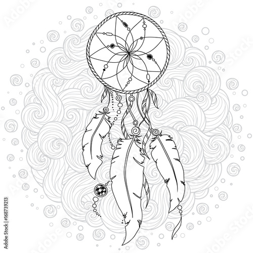 Hand drawn monochrome Dreamcatcher isolated on white background.