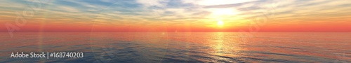 Very beautiful sunset over the sea, panorama of the ocean sunrise, 3D rendering