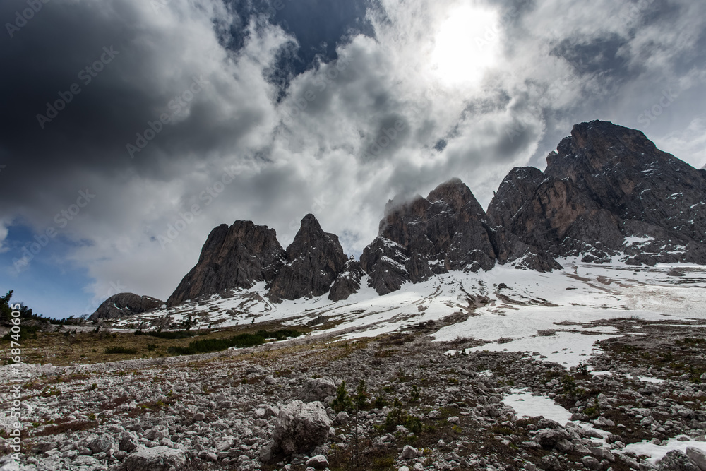 High snowy mountains, nature landscape. Dolomites Alps High snowy mountains, nature landscape. Dolomites Alps