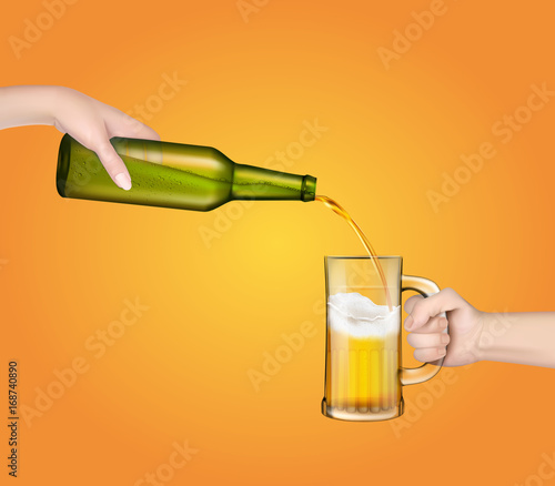 Vector illustration of a cold barley beer pouring from a bottle into a transparent glass in a realistic style.