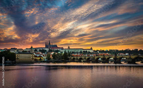 Sunset over the Hradcany Prague Castle, Church Saint Vitus in Prague, Czech Republic