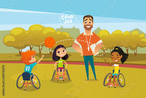 Joyful disabled kids in wheelchairs playing with ball and male coach standing near them and supervising. Concept of adaptive sports for children. Vector illustration for advertisement, banner, poster.