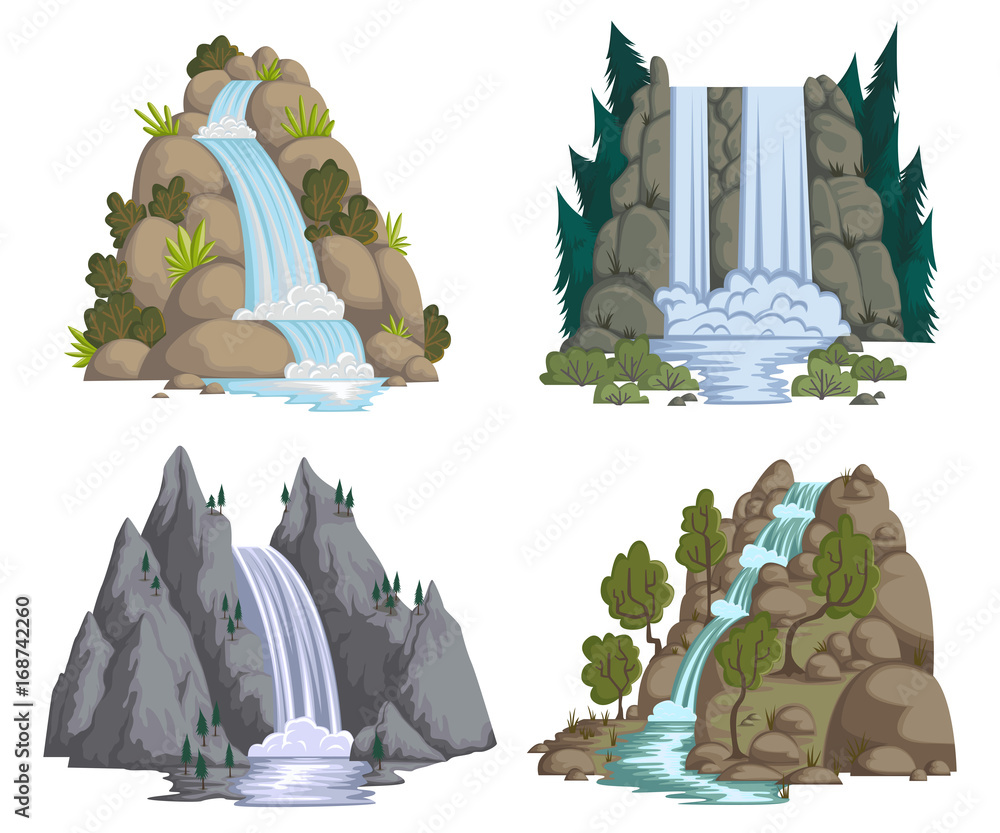 Fototapeta premium Zestaw wodospadów. Kreskówki krajobrazy z górami i drzewami. Ilustracji wektorowych