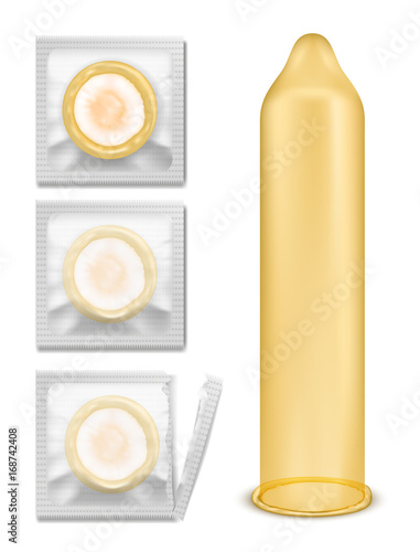 Set of vector illustration of latex condom in packing and without it isolated on white background, contraception and sexual protection.