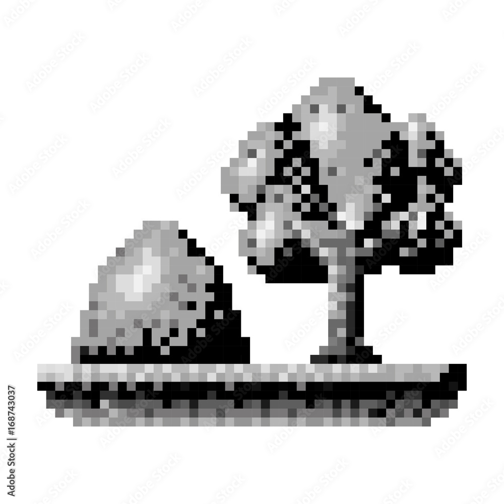 monochrome pixelated tree and mountain landscape monochrome pixelated tree and mountain landscape