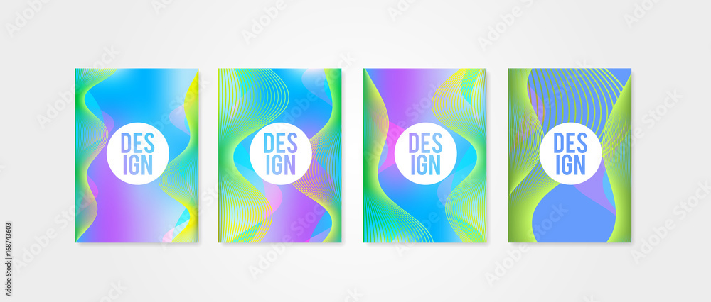 Poster covers set with sound wave shapes 2. Trendly modern hipster and memphis background colors. Vector templates for placards, banners, flyers, presentations and reports.