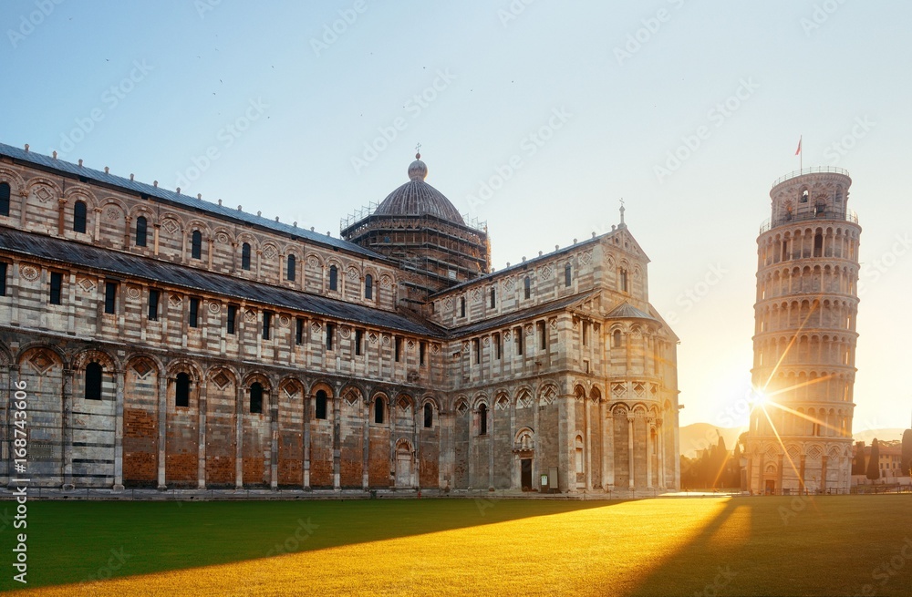 Leaning tower cathedral sunrise in Pisa