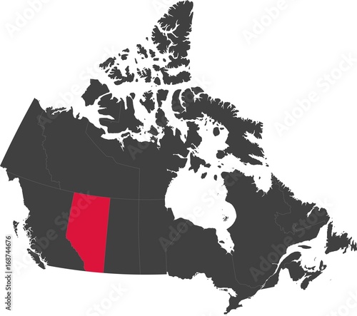 Map of Canada split into individual provinces. Highlighted province of Alberta.