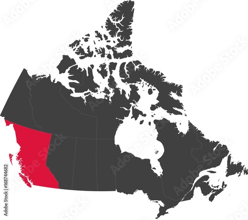 Map of Canada split into individual provinces. Highlighted province of British Columbia.