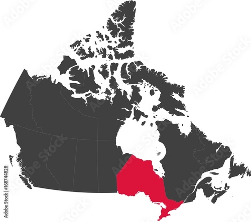 Map of Canada split into individual provinces. Highlighted province of Ontario.