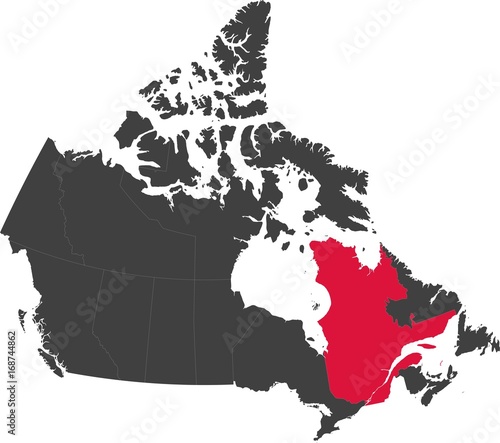 Map of Canada split into individual provinces. Highlighted province of Quebec.