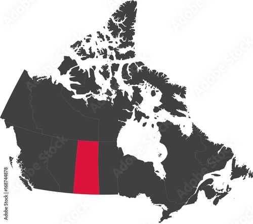 Map of Canada split into individual provinces. Highlighted province of Saskatchewan.