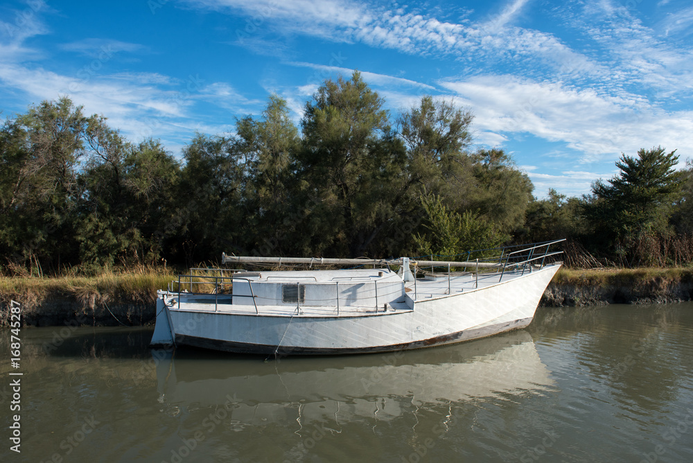 Old white boat moored to canal shore Old white boat moored to canal shore