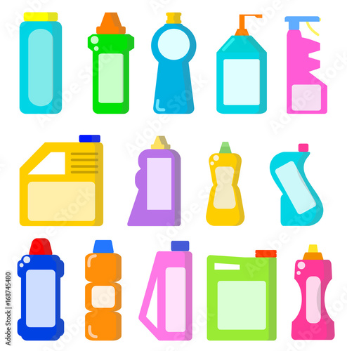 Cleaning household products. Chemical cleaners bottles. Sanitary containers vector set. Chemical sanitary container plastic for disinfectant bathroom illustration