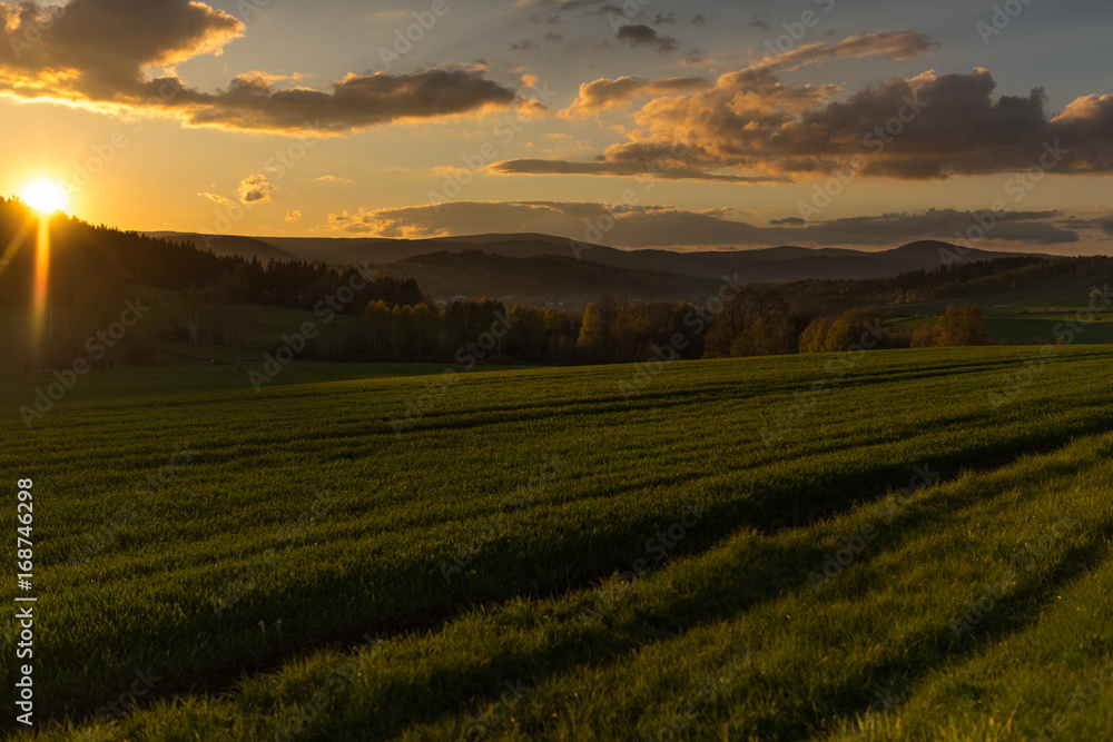 Beautiful photography of sunset in Karkonosze Mountains at sunny warm day, Poland Lubawka.
