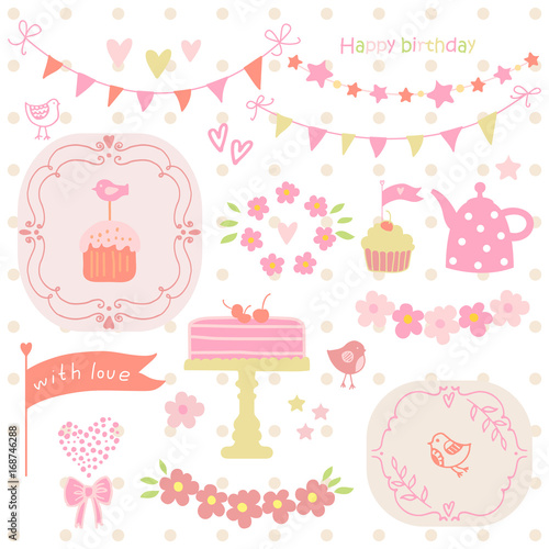 Set of elements for birthday party, greeting cards and scrapbook