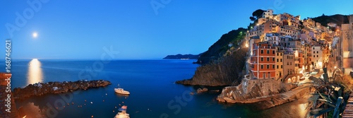 Riomaggiore waterfront night panorama moonset