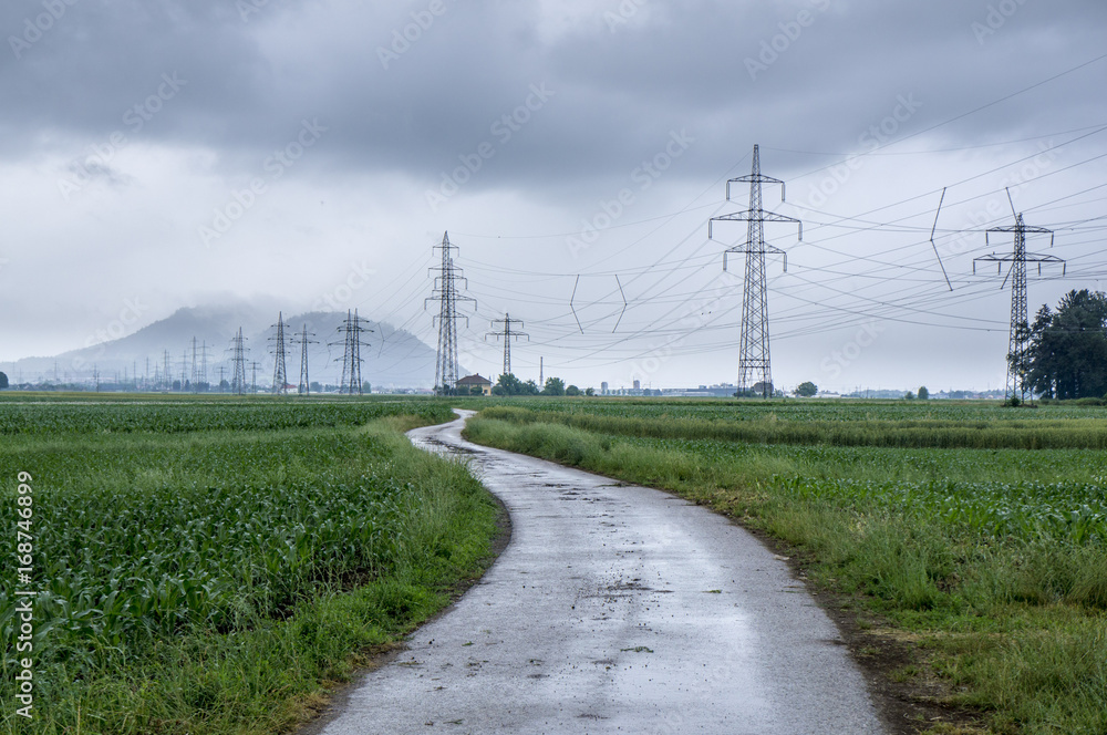 Fotografie Rural road and power lines among fields.
