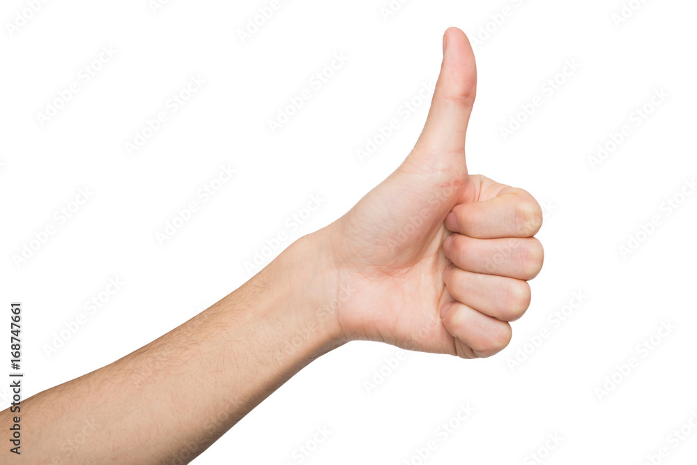 Male hand making thumb up gesture isolated on white Male hand making thumb up gesture isolated on white