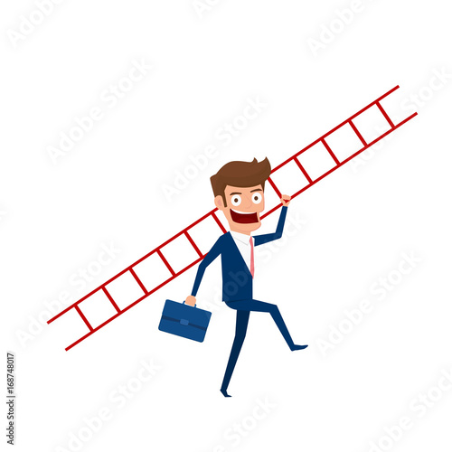 Businessman holding stair to target and success. Stair step to success.