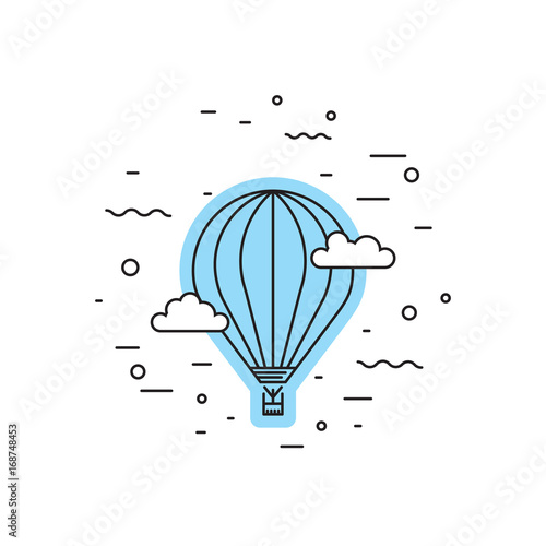 Dirigible and hot air balloons airship. Tools of Aeronautics such as the airship and the balloon to move the delivery by air of goods and people. Elements are drawn in vector in a linear style