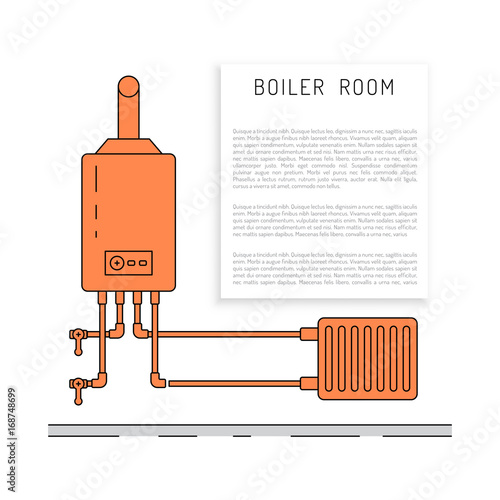 The set of items of equipment for boiler rooms and heating in the cold season. Heating boiler, Bolek, water heater, heat accumulators, battery painted in the style outline, linear