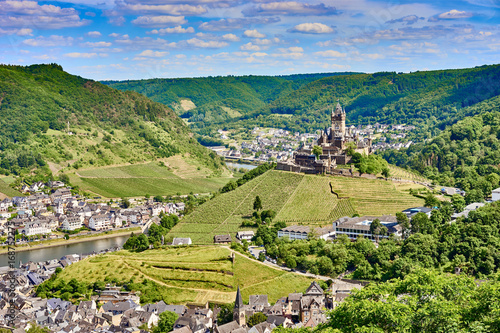 City of Cochem with  Reichsburg Castle  in wine growing area of Moselle   Valley of Moselle in germany