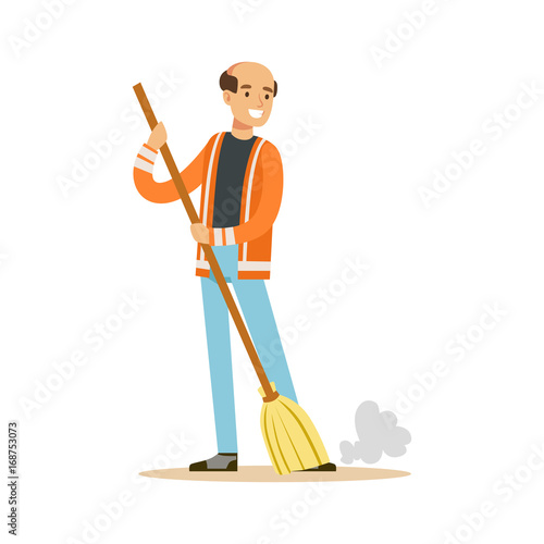 Smiling mature street sweeper at work, street cleaner character vector Illustration