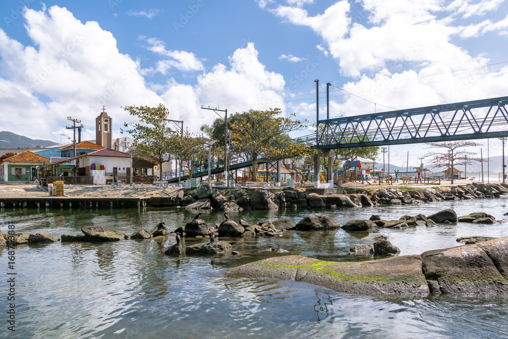 Naklejka premium Bridge over Canal at Barra da Lagoa area of Lagoa da Conceicao - Florianopolis, Santa Catarina, Brazil