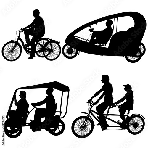 Set silhouette of two athletes on tandem bicycle on white background