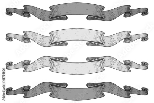Ribbon banners. Black and white set of scrolls. Hand drawn sketch