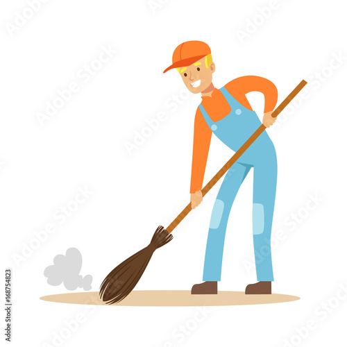 Smiling street sweeper at work, street cleaner character vector Illustration
