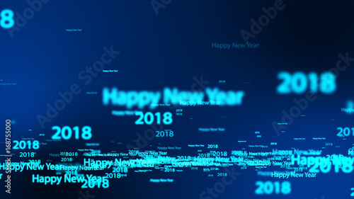 2018 Happy New Year text word fly in light blue background.