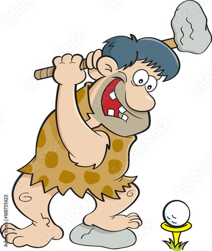 Cartoon illustration of a caveman playing golf.
