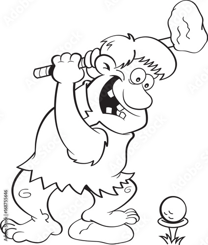 Black and white illustration of a caveman playing golf.