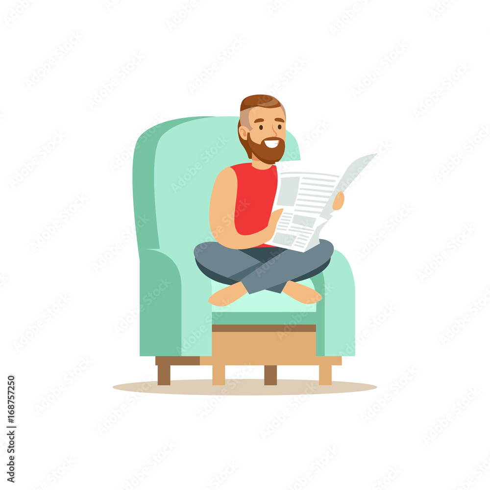 Young bearded man sitting on a light blue armchair and reading a newspaper, man resting at home vector Illustration Young bearded man sitting on a light blue armchair and reading a newspaper, man resting at home vector Illustration