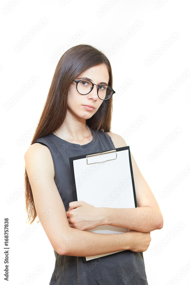 Smiling business woman holding pads of notepaper on white background Smiling business woman holding pads of notepaper on white background
