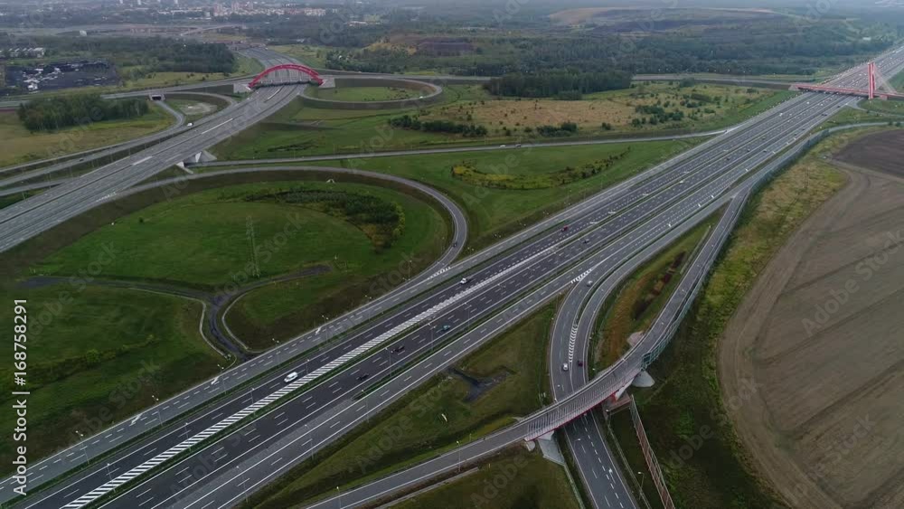 Aerial view of motor traffic on the motorway junction. Gliwice, Silesia, Poland Aerial view of motor traffic on the motorway junction. Gliwice, Silesia, Poland