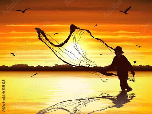 Silhouette of man catching the fish in twilight.