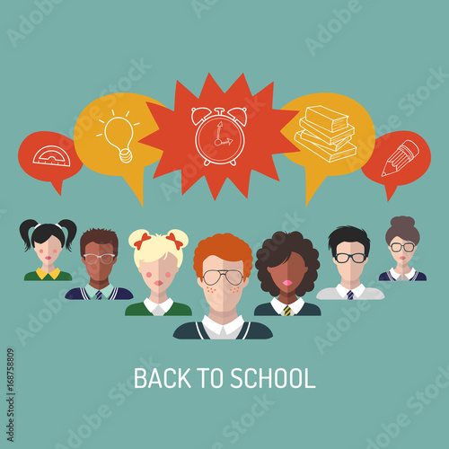 Vector illustration of back to school in flat style. Educational background with students and pupils icons
