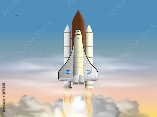 Fototapeta Naklejka Na Ścianę i Meble -  Space Shuttle Launch In the clouds. A spaceship in the sky. Vector illustration.