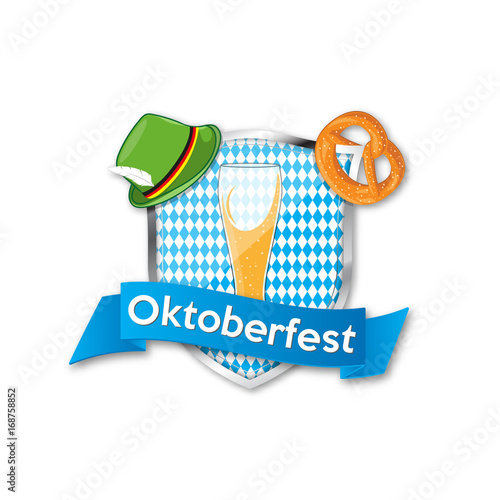 Oktoberfest, beer festival in Germany. Decoration for your design. National hat, glass of beer and pretzel. Blue ribbon on the shield with the traditional pattern of the festival. Vector illustration.